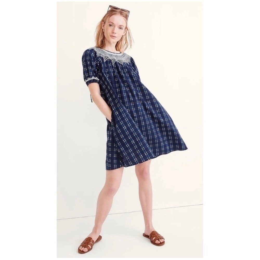 Madewell Blue Plaid Embroidered Yoke Shift Dress with Pockets 100% Cotton Size S